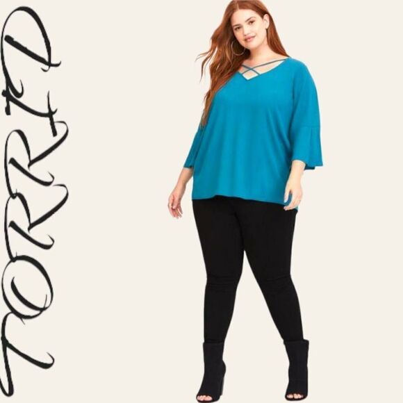 TORRID Plus Size Teal Crepe Strappy Criscross Blouse. - Picture 1 of 14